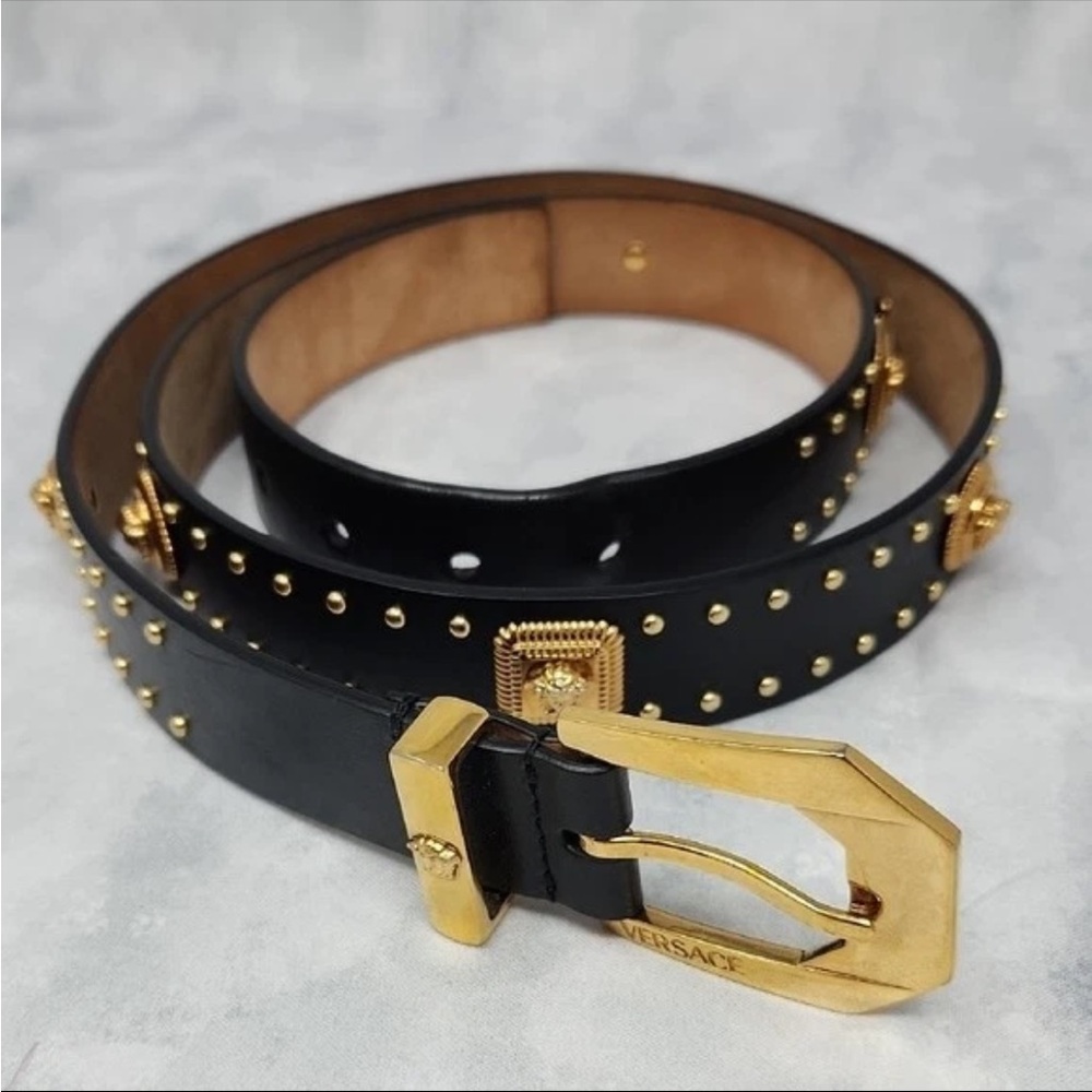Versace Medusa Heritage Studded Leather Belt 3cm - Black/ Gold Size 105/42